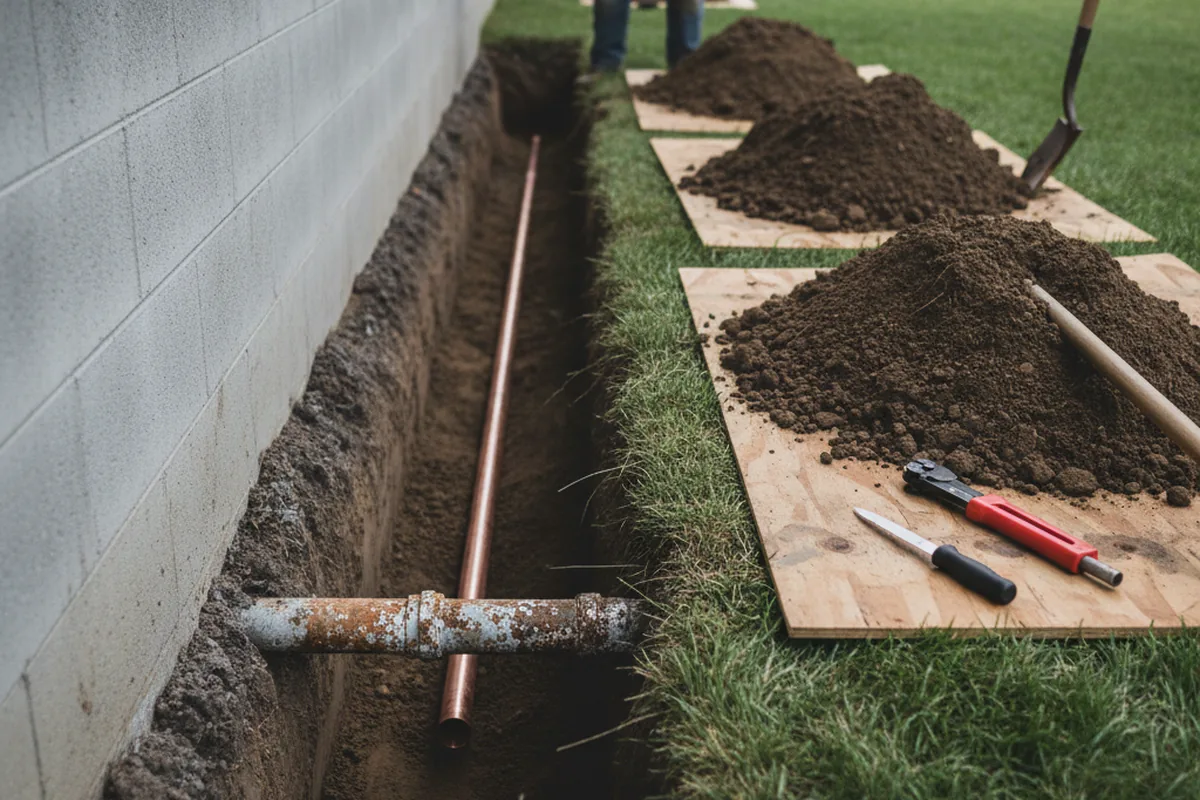 Excavated water line trench during Water Softener Installation in Tuscumbia
